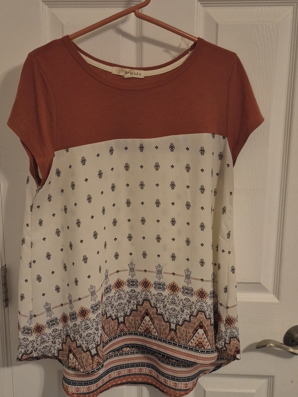Rewind Rust and Cream Short Sleeve Printed Tunic